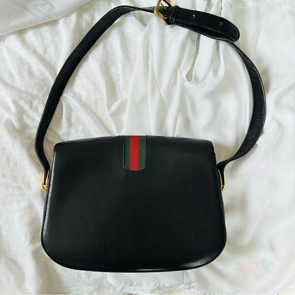 Gucci black leather web accent and gold GG lock shoulder - Picture 5 of 16